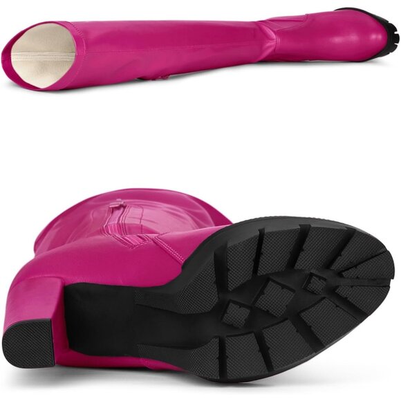 Women's Pink Platform Boots Chunky Heel Over Knee High Rounded Toe Long Boots - Picture 5 of 6